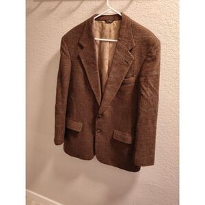 Bill Blass Soft Camel Hair Brown Plaid Blue Accent 46R Sport Coat Grandpa USA